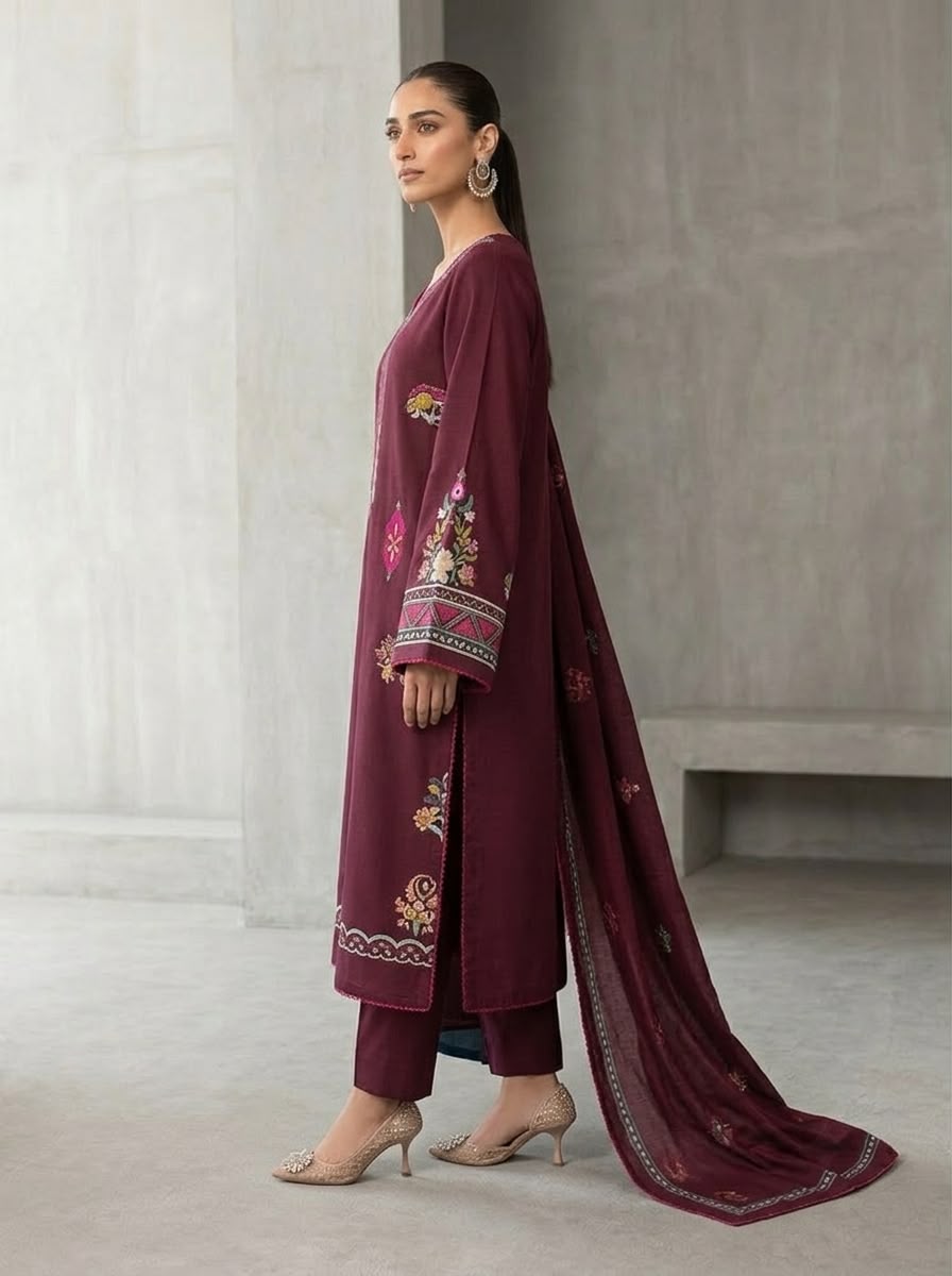 NAYAB 3-Piece Lawn Embroidery Suit – Maroon