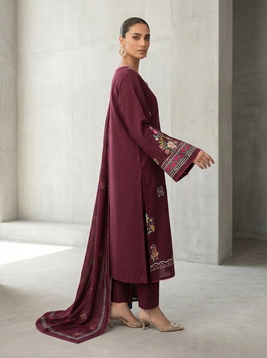 NAYAB 3-Piece Lawn Embroidery Suit – Maroon