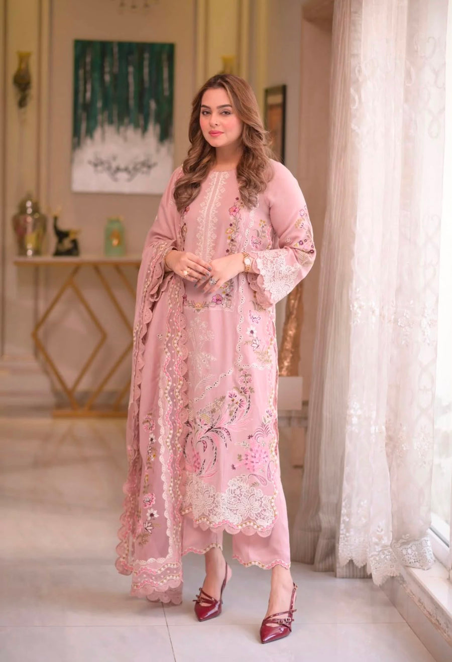 NAYAB 3-Piece Embroidered Lawn Suit – Pink