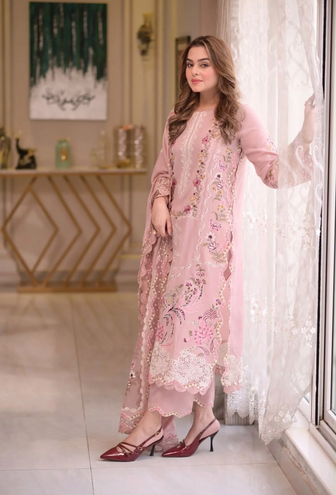 NAYAB 3-Piece Embroidered Lawn Suit – Pink