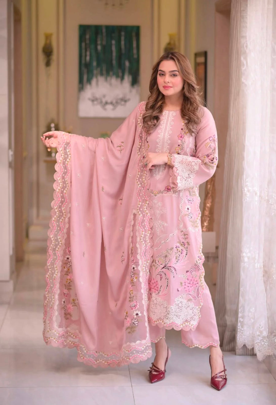 NAYAB 3-Piece Embroidered Lawn Suit – Pink