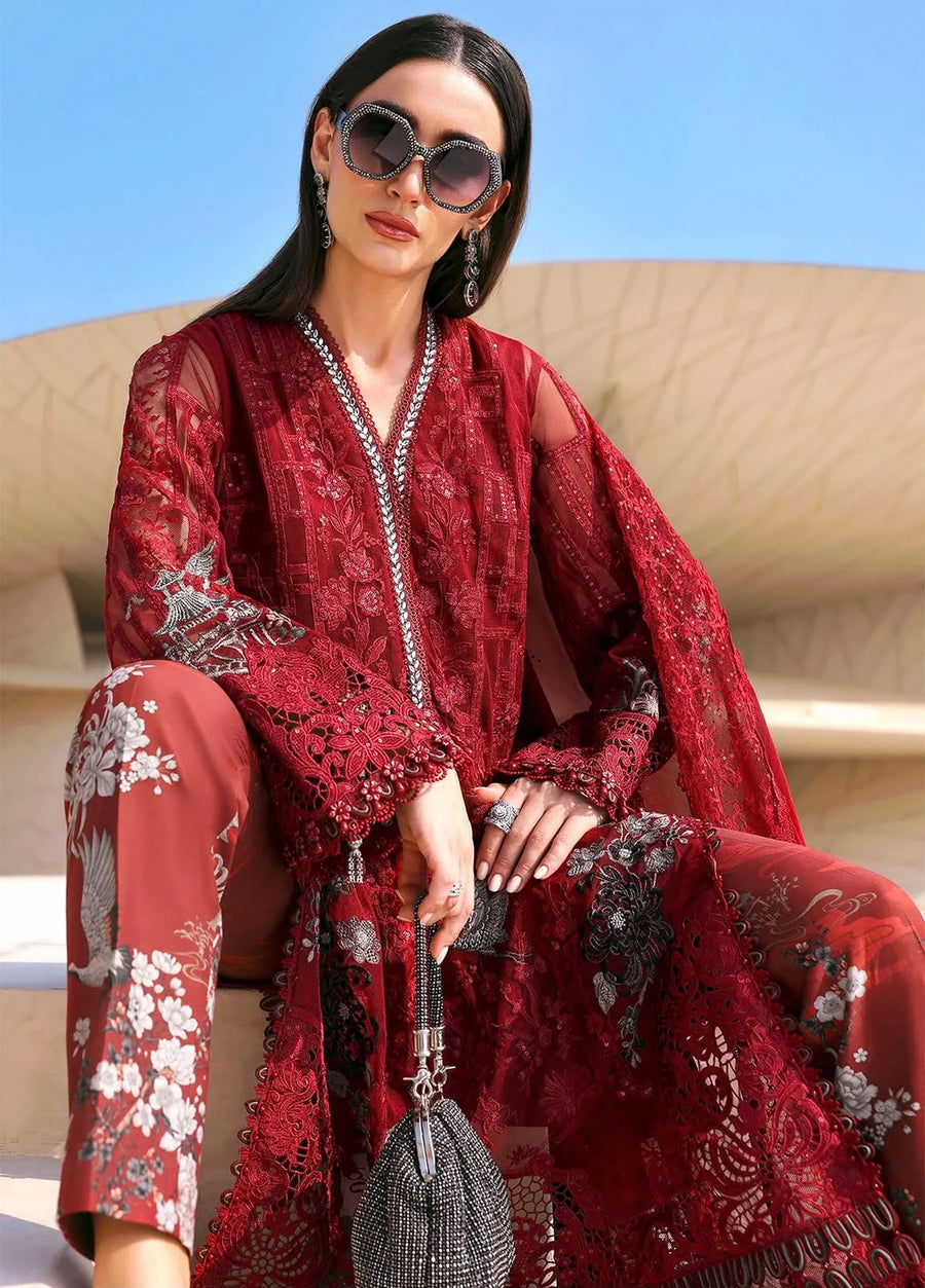 NAYAB 3-Piece Embroidered Suit – Deep Red