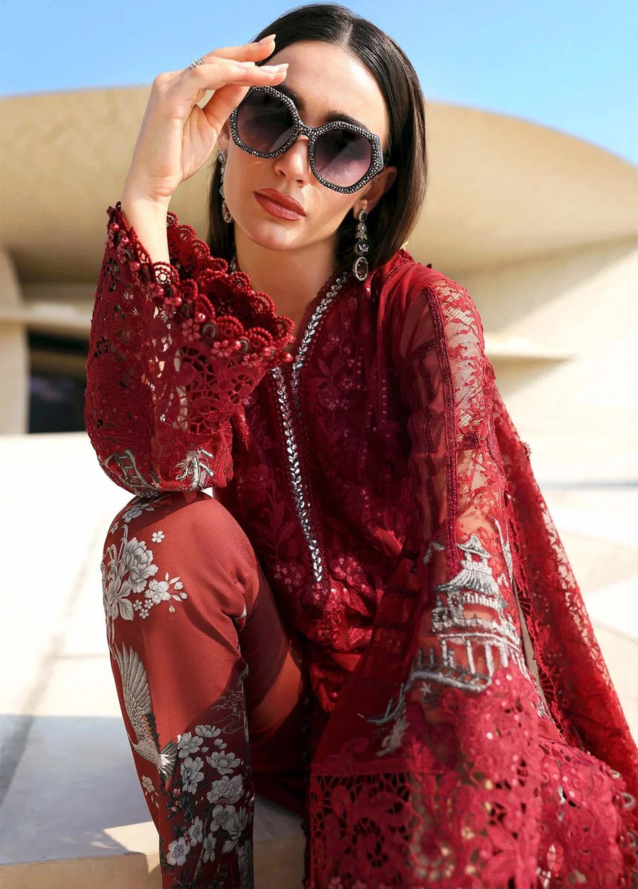 NAYAB 3-Piece Embroidered Suit – Deep Red
