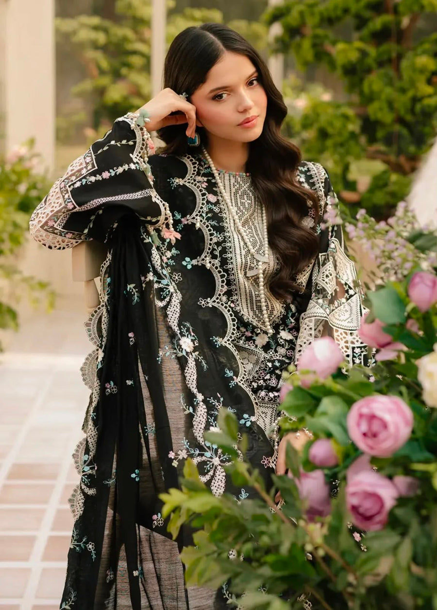 NAYAB Black Floral Printed Embroidered 3-Piece Suit