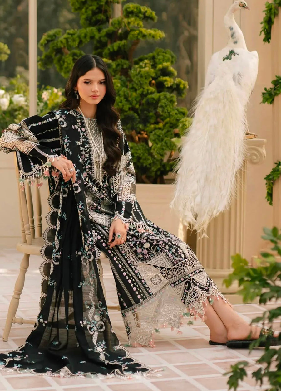 NAYAB Black Floral Printed Embroidered 3-Piece Suit