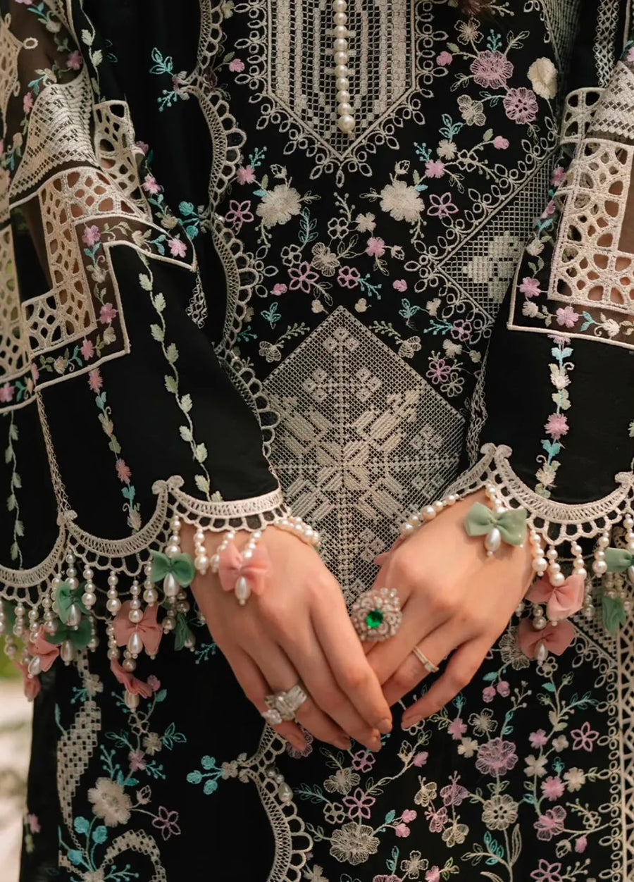NAYAB Black Floral Printed Embroidered 3-Piece Suit
