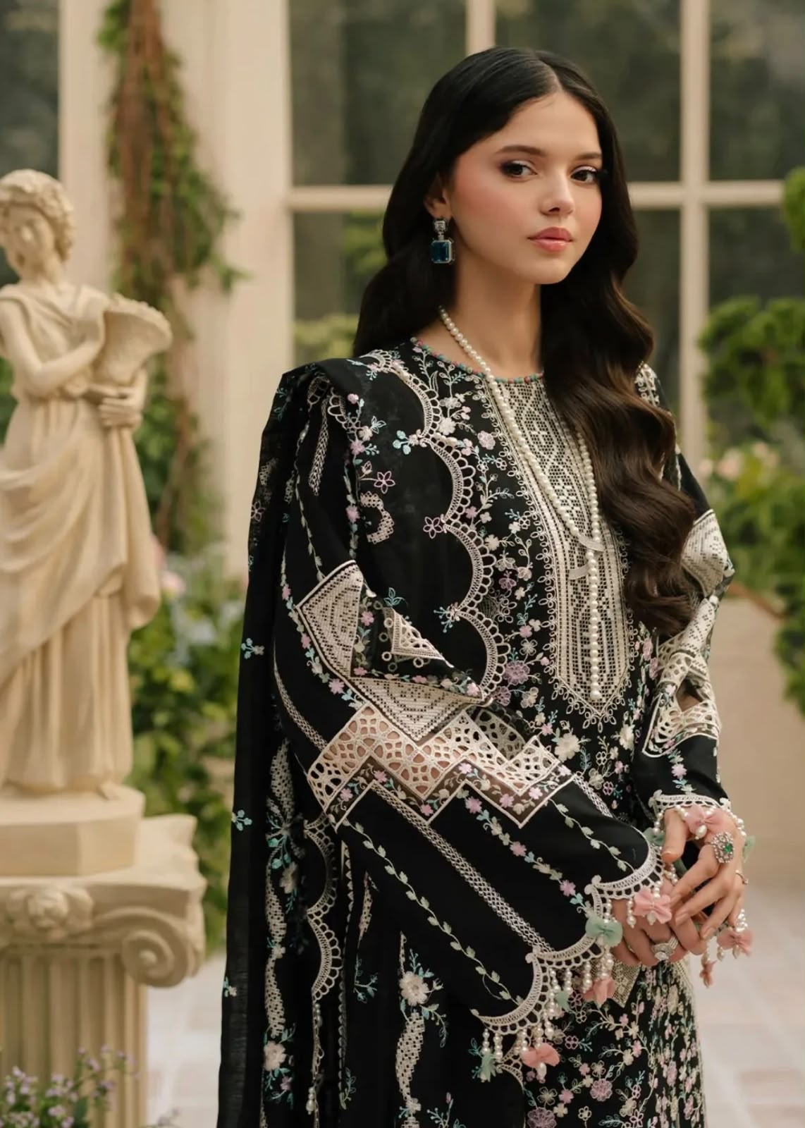 NAYAB Black Floral Printed Embroidered 3-Piece Suit