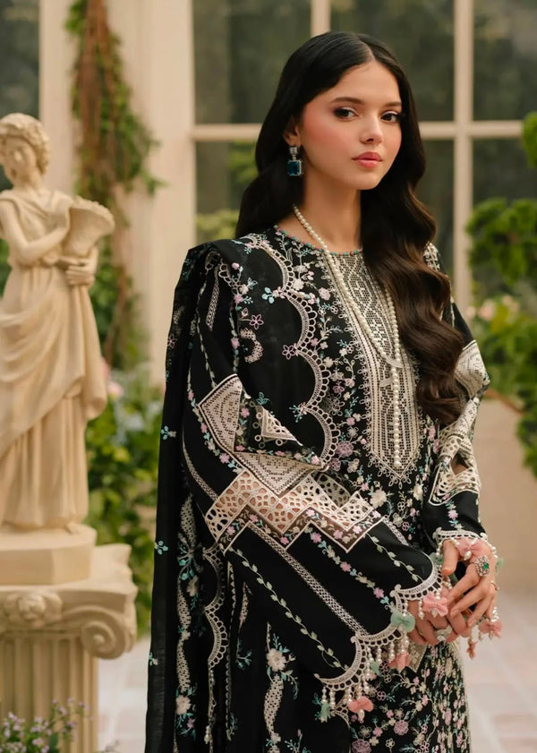 NAYAB Black Floral Printed Embroidered 3-Piece Suit