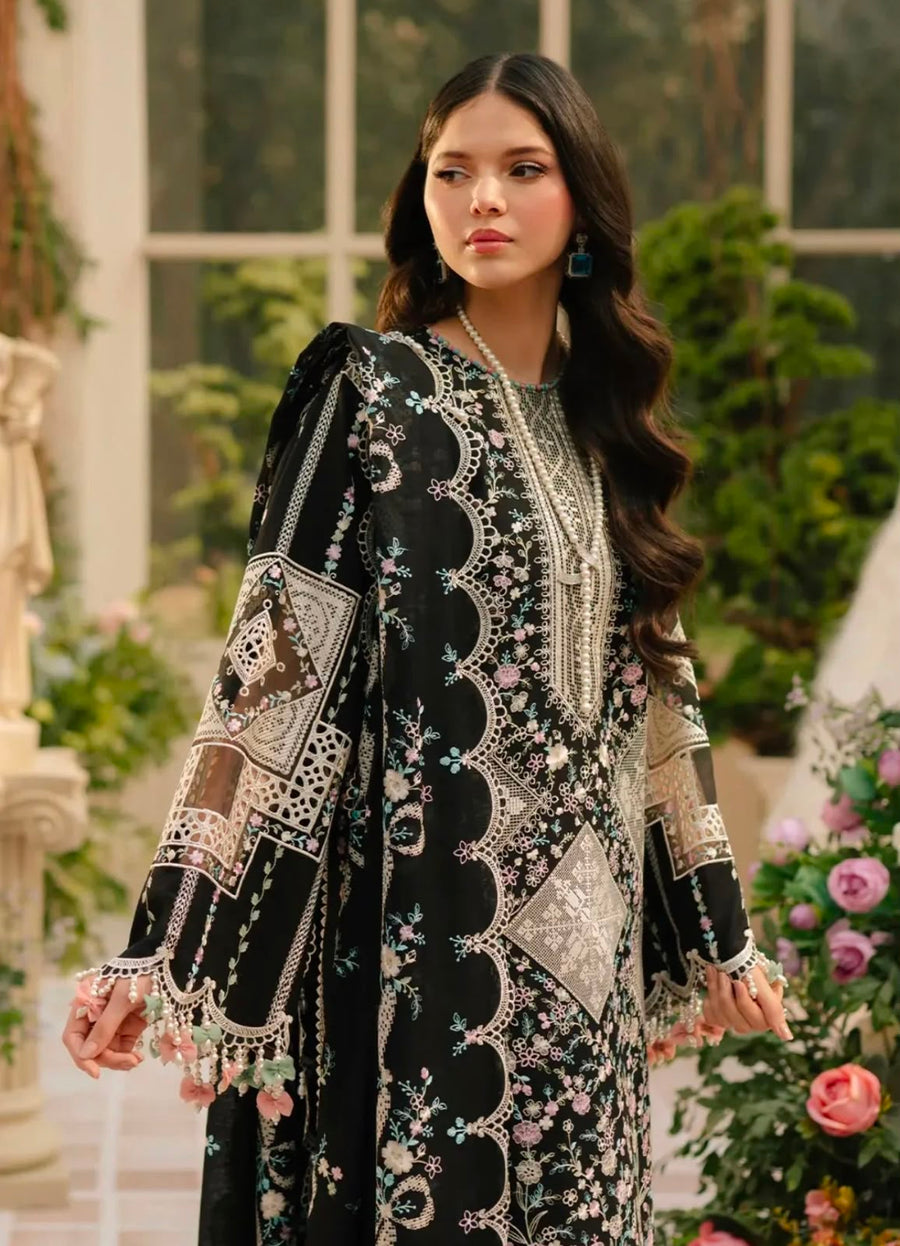 NAYAB Black Floral Printed Embroidered 3-Piece Suit