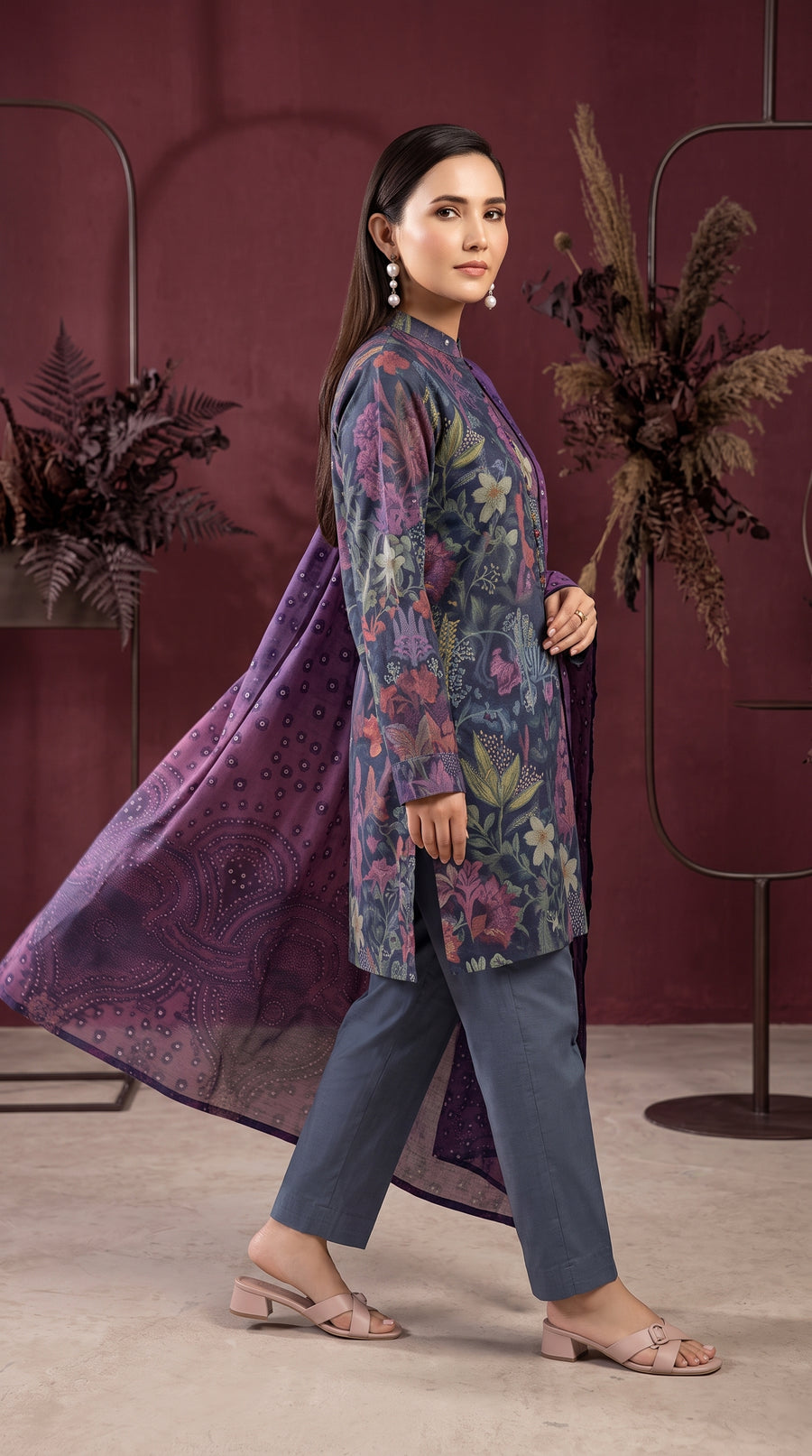 Nayab Midnight Bloom Digital Printed 3-Piece unstitched lawn suit with pure lawn dupatta and dyed cambric trouser